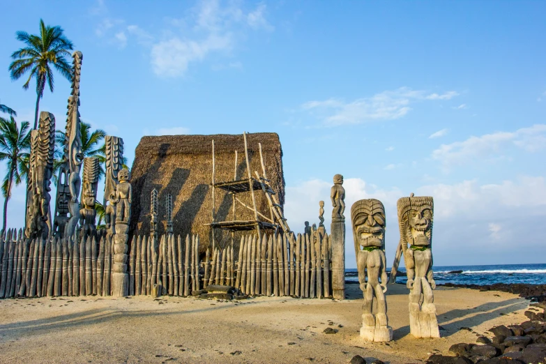 many totems sitting next to a fence on the beach