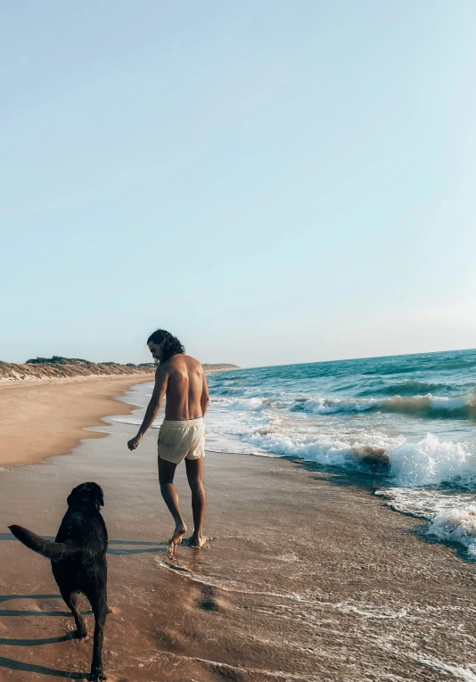 man and dog at the beach playing with each other