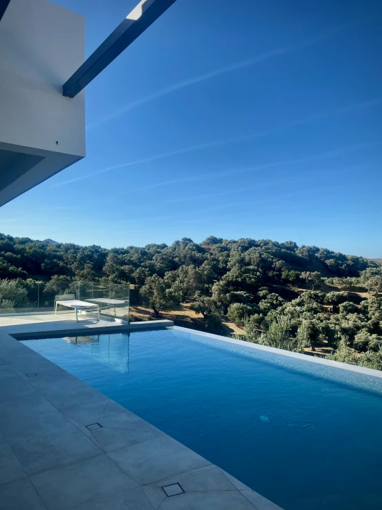 this is an above ground swimming pool overlooking the woods