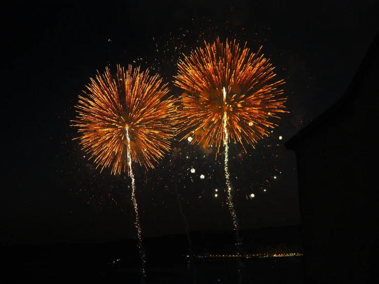 two firework bursts are glowing brightly at night