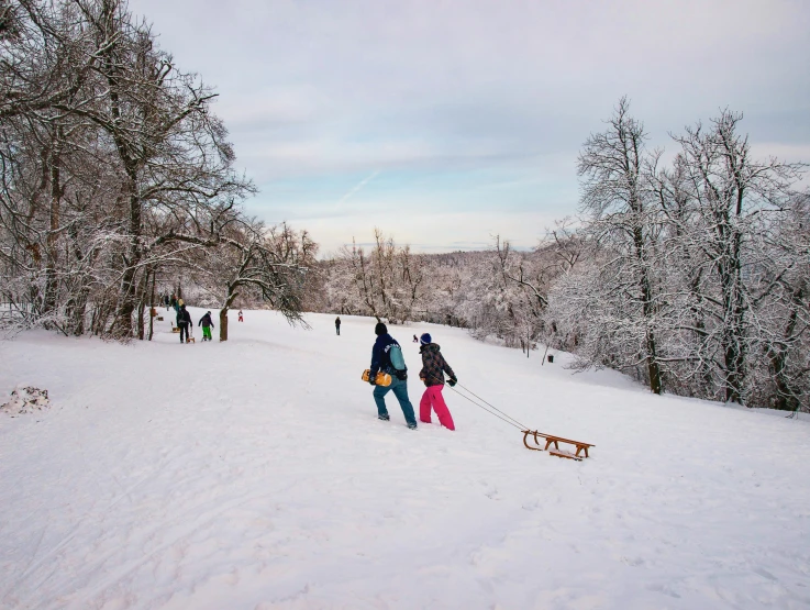 skiers are on a snowy trail and one of them is pulling the ski board