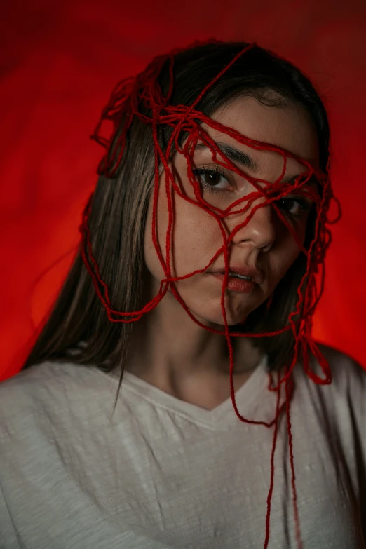 a woman covered in strings in a red po