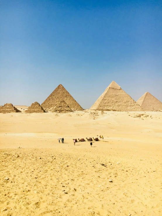 a group of people and camels on a sandy plain