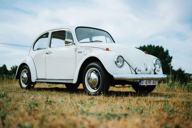 an old - fashioned beetle is parked in the grass