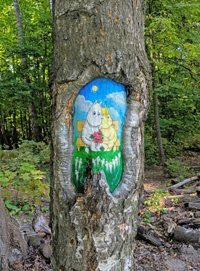 the bear in the hole of a tree looks out on the forest