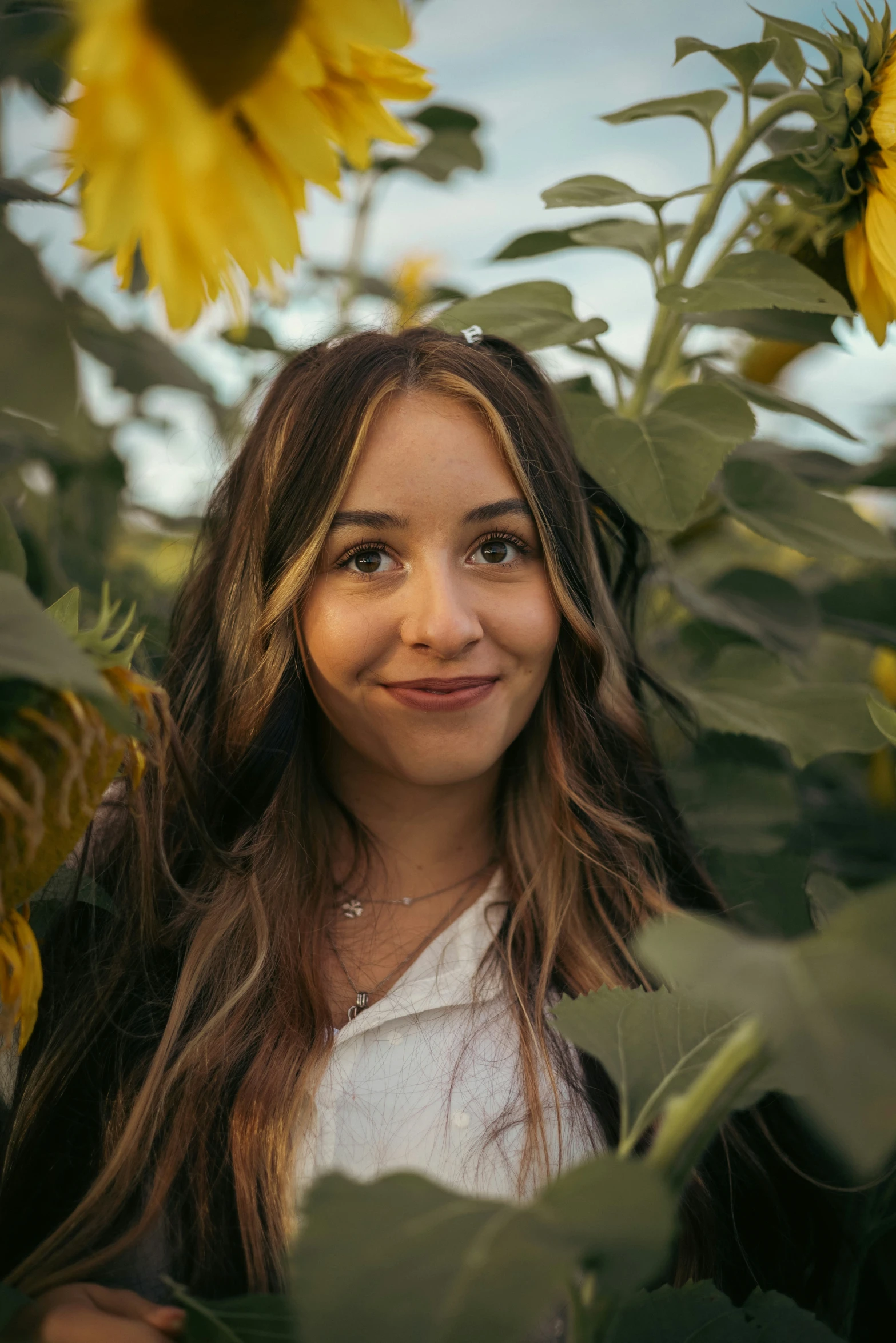 a beautiful woman standing among a bunch of sunflowers