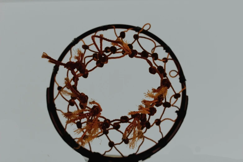 a metal circle with leaves on the outside and nches on the inside