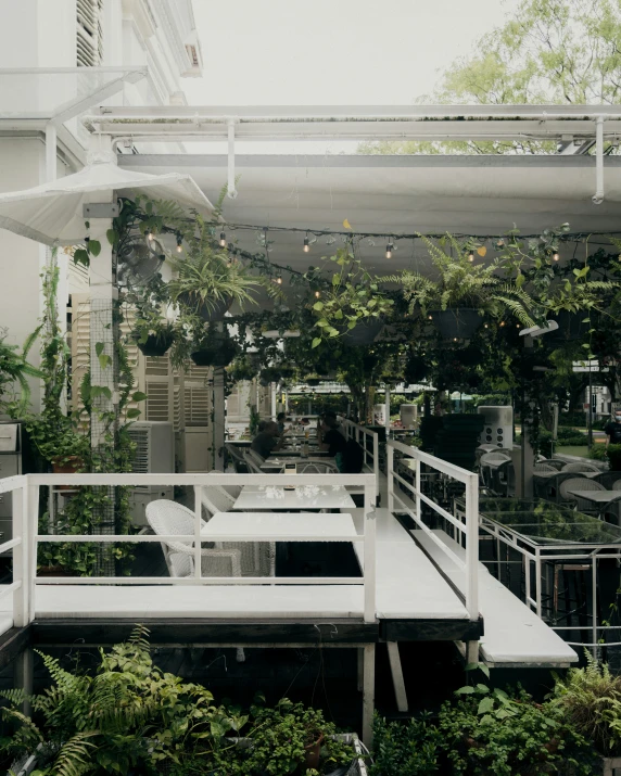 some white chairs are sitting outside on the deck