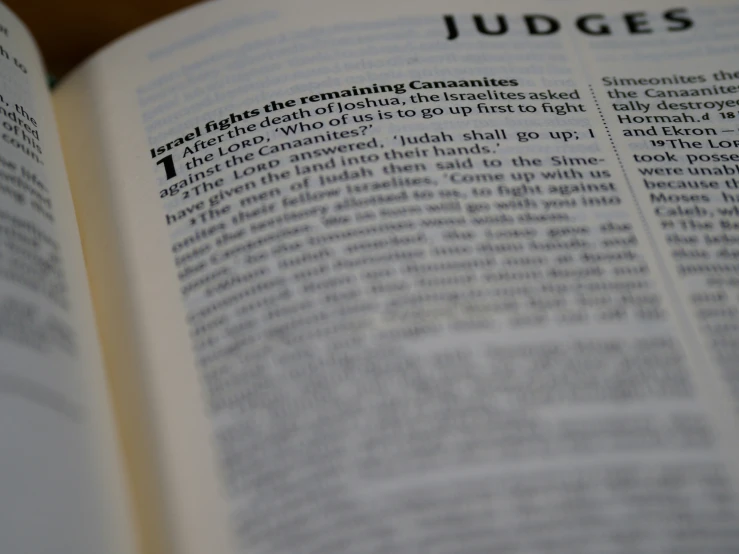 an open book with pages about judges and the rules