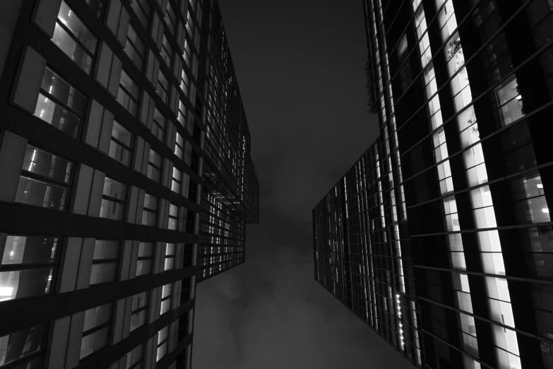 buildings are illuminated in black and white