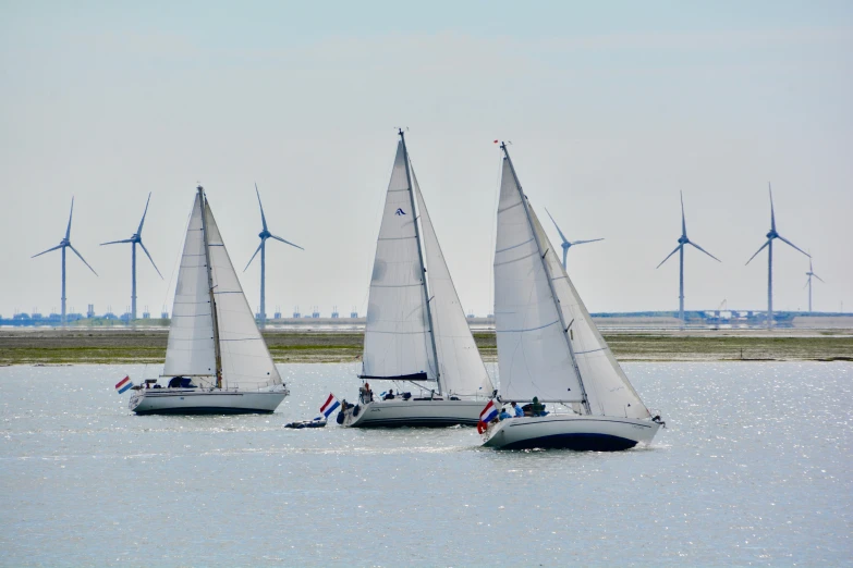 a group of sail boats sailing across a river