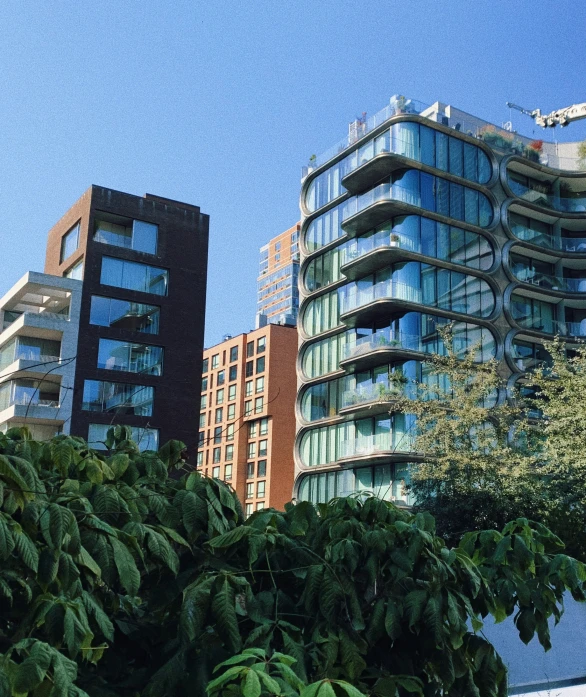 two buildings in the background, with lots of trees below