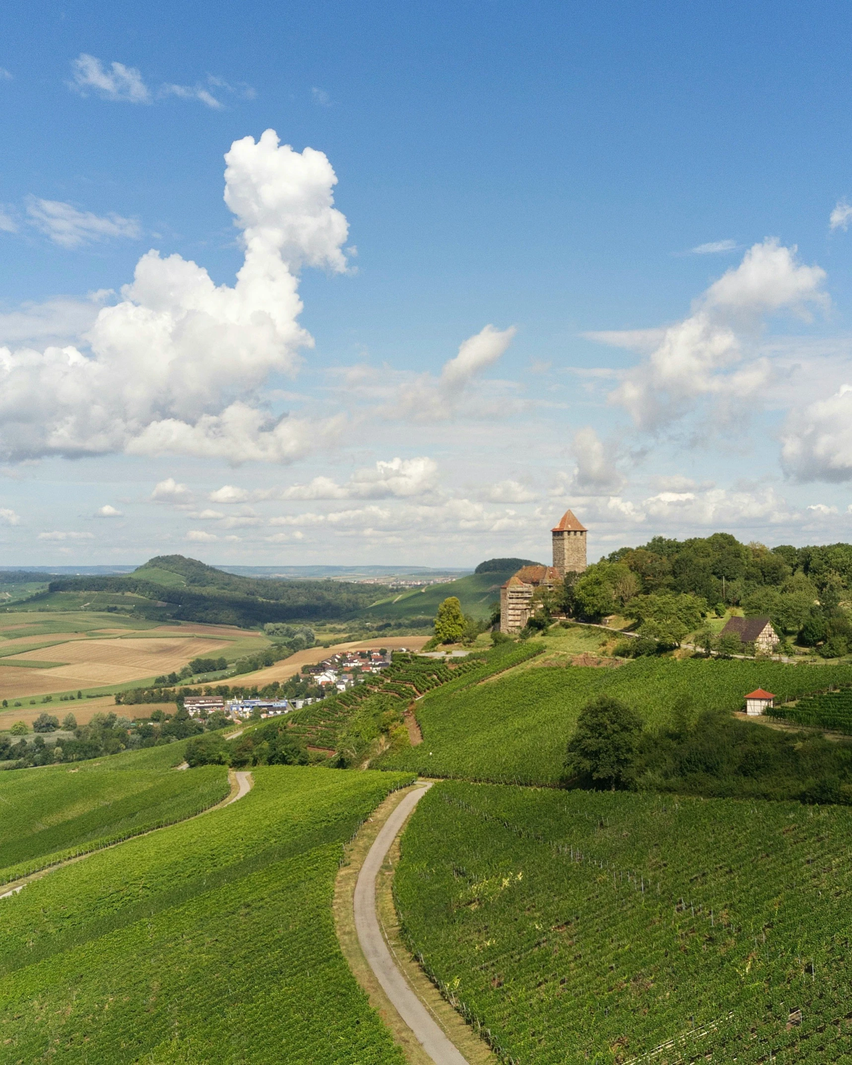 the road is winding towards the small tower