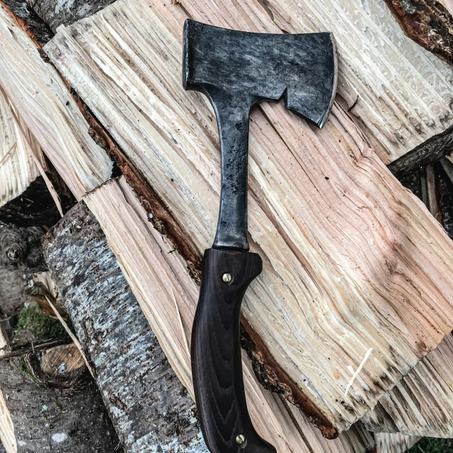 an axuard has the blade resting on a pile of wood