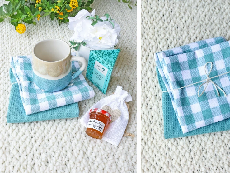 a coffee cup and tea bags on a white blanket