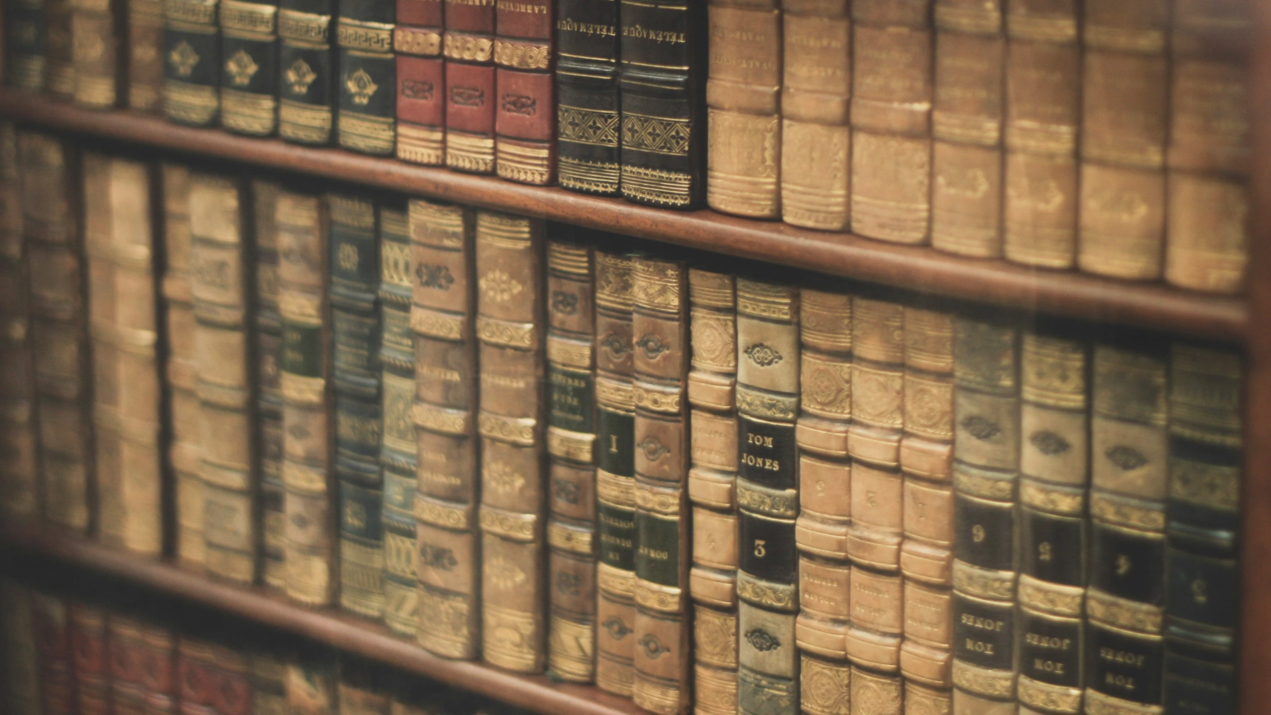 a shelf of antique books in a bookshelf