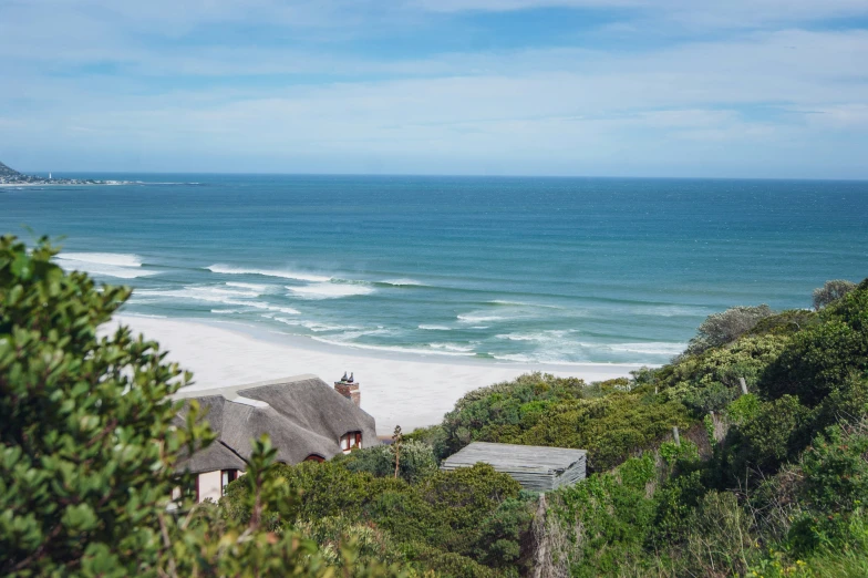 a beach next to the ocean with a thatched roof and green bushes