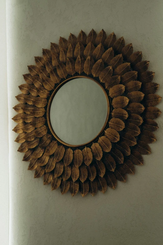 a mirror that is on a wall with wood leaves
