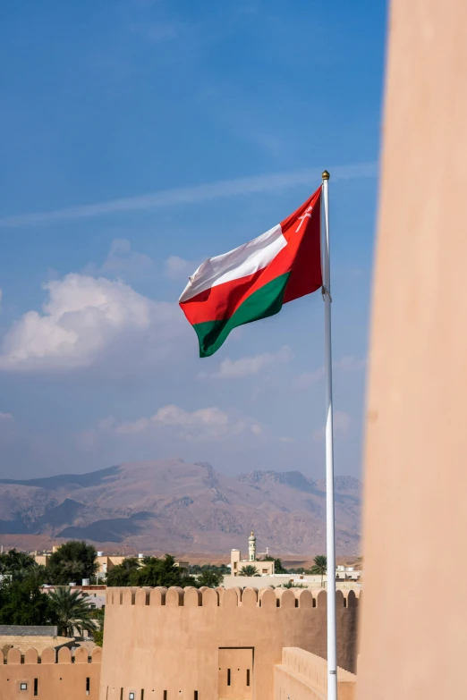 the red white and green flag on the side of a tall building