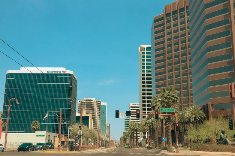 a city street has trees and buildings along it