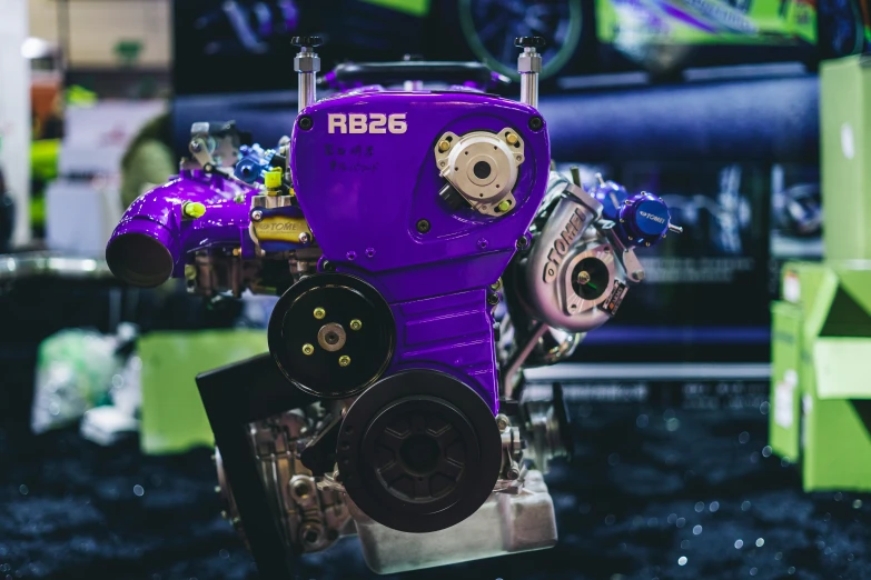 the car engine on display is purple