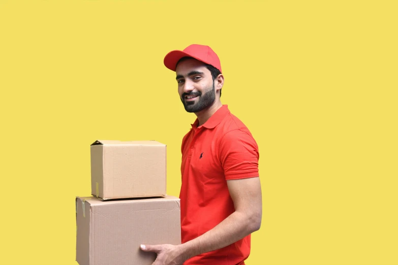 man carrying two boxes with a yellow background