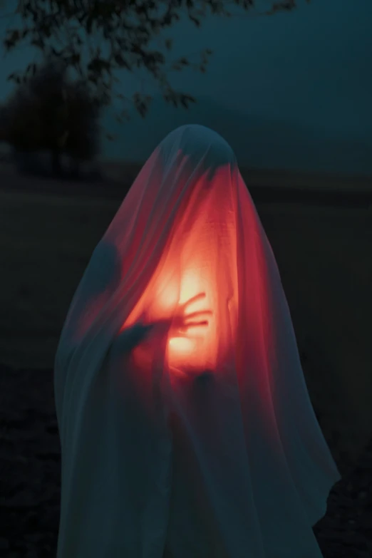 a woman covered in a blanket standing under a tree