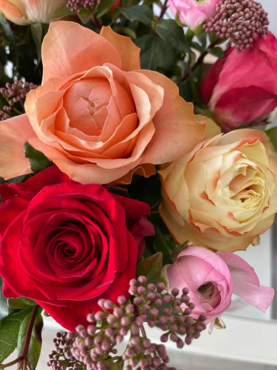 pink, red, and yellow flowers sit in a vase