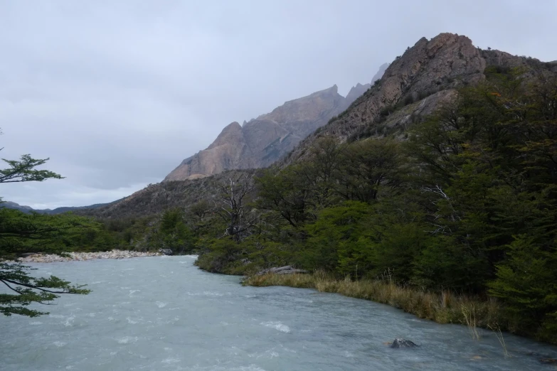 a river surrounded by mountains and trees in the foreground