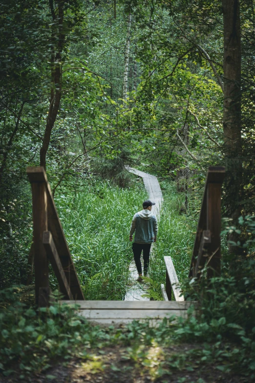 a man walking down the wooden stairs in the woods