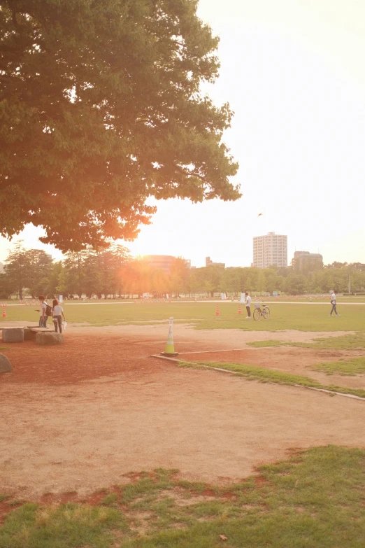 people in the park at sunrise and playing ball