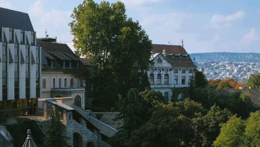 some buildings on a hill with trees and a sky background