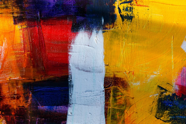 a bright and colorful painting with yellow, red, orange and white colors