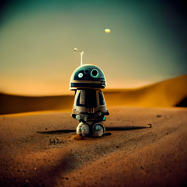 a blue robot in the sand near a desert