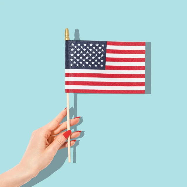 an american flag being held by a finger on a stick