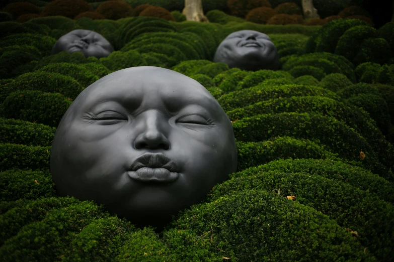 the head and neck of a sculpture are seen in the bushes