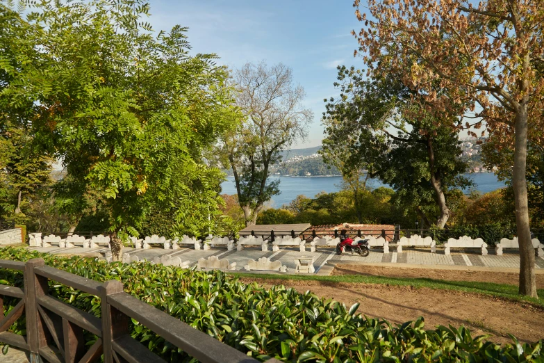 a cemetery with many benches and trees near it
