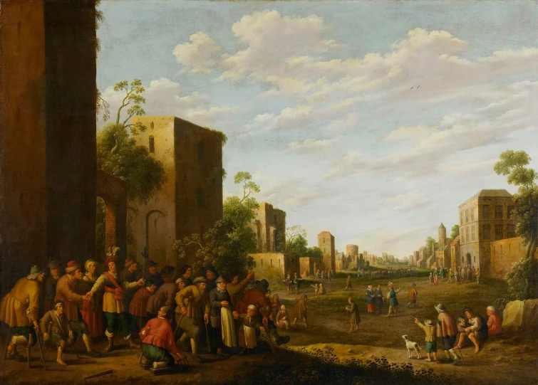 the painting shows a town where a number of people are gathered