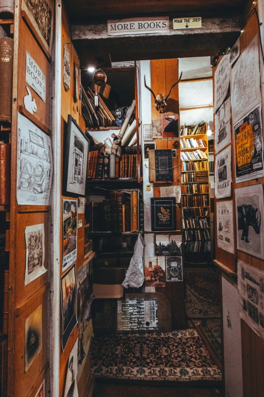 a shop with several wooden shelves containing books