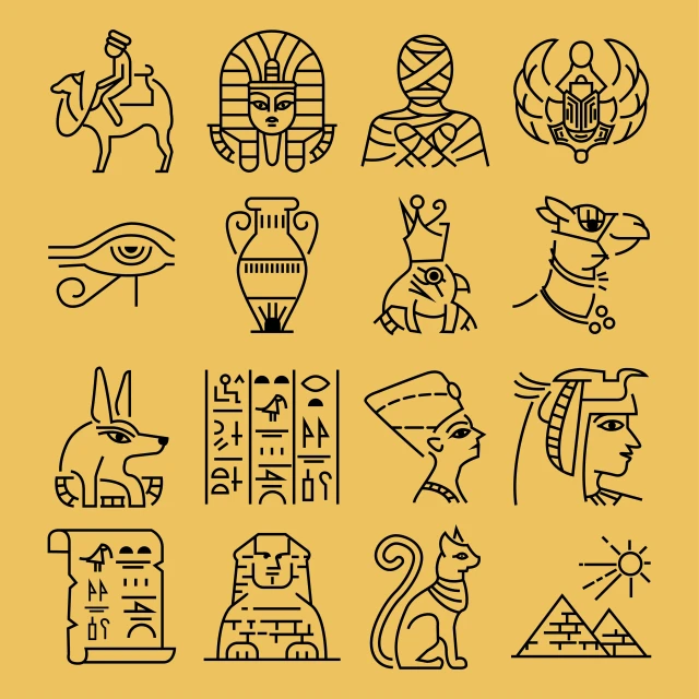 egyptian symbols in different positions on a yellow background
