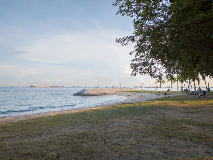 two people are sitting on the shore of the water