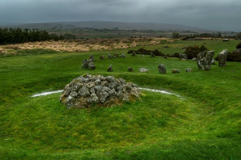 a green field with many rocks in the grass