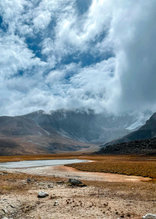 a lake surrounded by rocky mountains and clouds