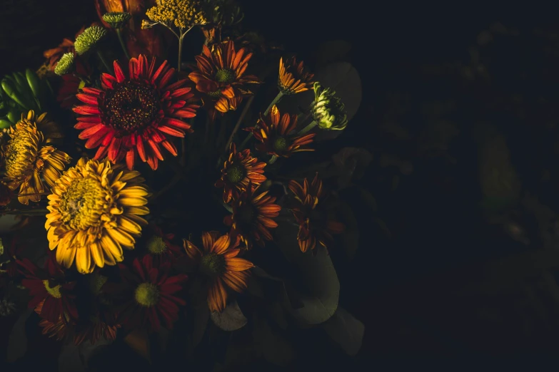 closeup of a bouquet with yellow and red flowers