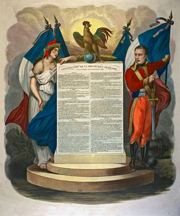 an illustration of two people in dress clothing, with a large paper on a pedestal