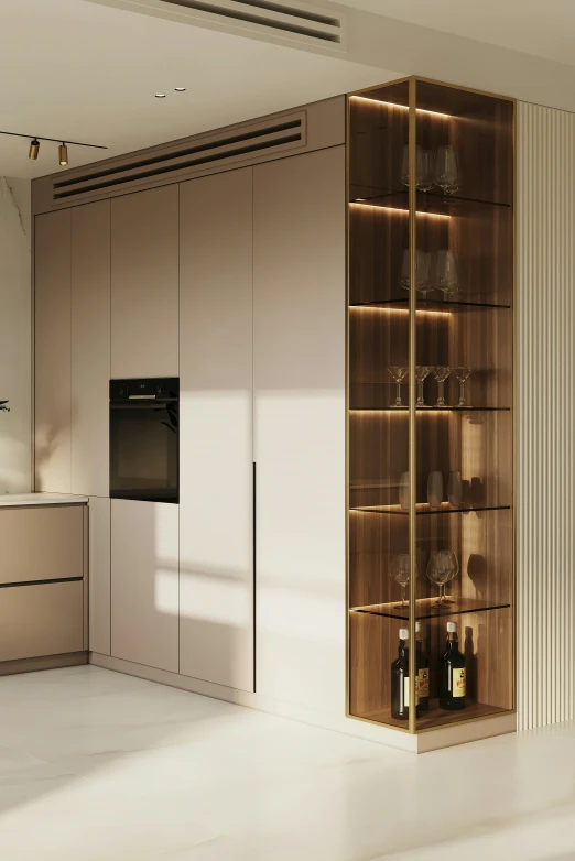 a kitchen with cabinets that have wine on them