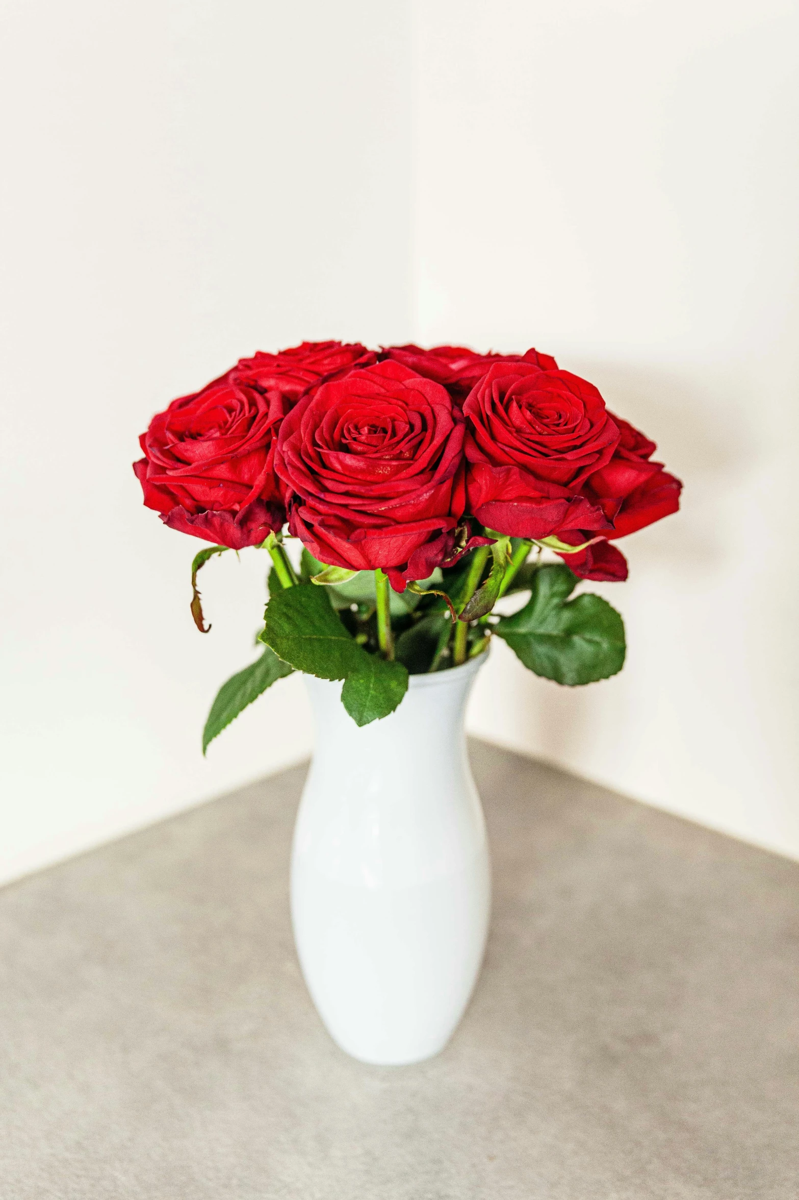 a white vase filled with red roses sitting on a table