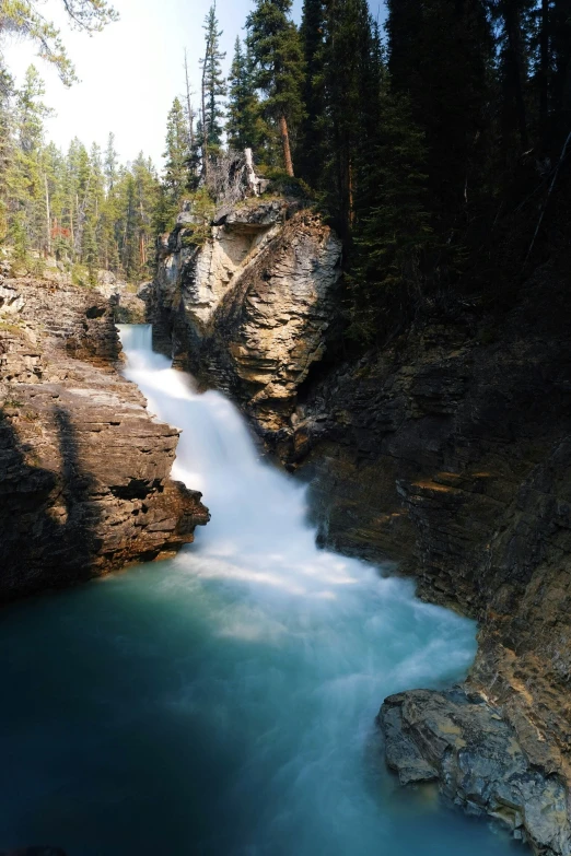 a river with a few waterfall cuts through it