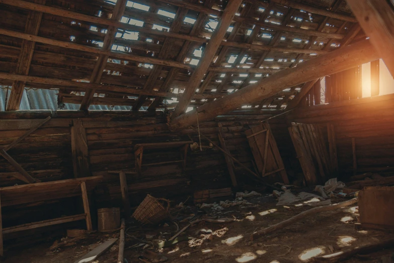 a wooden cabin has a beam of light coming through