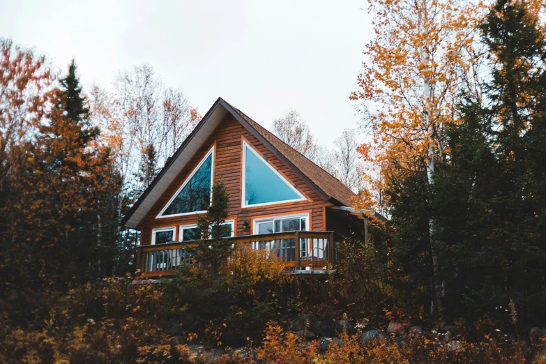 a wooden house surrounded by lots of trees